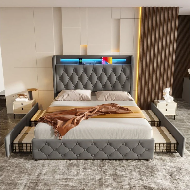 STILVORA Polsterbett 140x190 Stauraumbett mit Schubladen Jugendbett mit LED Samt-Stoff (Packung, 1-tlg, Kopfteil mit Einlegeböden und Stauraum), Doppelflachbett mit 4 Schubladen, Samt (ohne Matratze) – Bild 1
