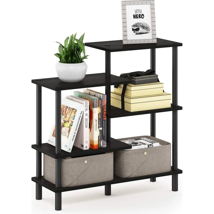 Furinno Akzent-Deko-Regal mit unterschiedlichen Ebenen, holz, Espresso/Schwarz, 29.49 x 80 x 82.5 cm