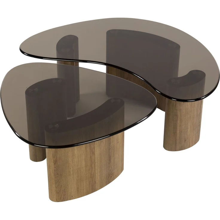 Otin Couchtisch-Set mit Rauchglasplatten und Gestell in Eichenoptik, Organisch – Bild 3