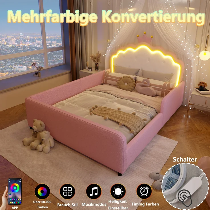 Polsterbett, 140x190 cm, Ohne Matratze, Mit LED-Lichtleiste, Prinzessinnenbett in Kronenform, Sicherheitsgitter, PU, Rosa – Bild 6