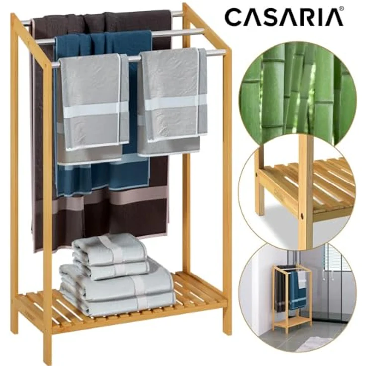 CASARIA® 2er Set Handtuchhalter Bambus Holz mit 3 Edelstahl Stangen Ablage – Bild 8