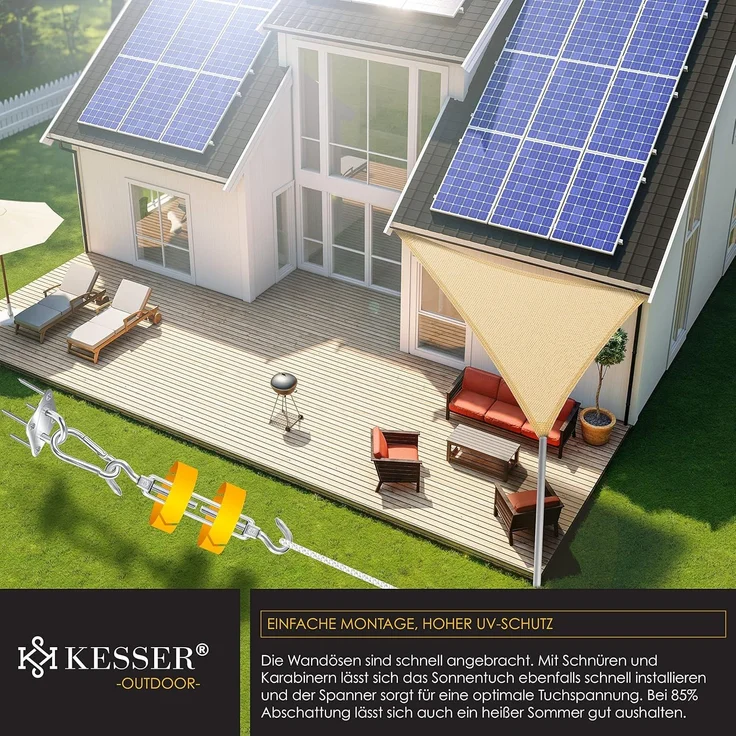 KESSER® Sonnensegel Sonnenschutz Windschutz Inkl. Befestigungsmaterial mit Ösen| HDPE Gewebe | wasserabweisend & windabweisend | Dreieck 2.5 x 2.5 x 3.5 m | Schattenspender Garten Balkon Terrasse – Bild 8