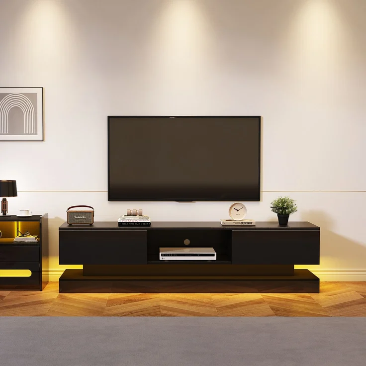 Merax 160*35*40,5 cm Schwarzer Hochglanz-TV-Ständer mit LED-Beleuchtung, 2 Schubladen, Anwendungssteuerung, Anti-Kipp-Design, geeignet für 60-Zoll-Fernseher, TV-Schränke, TV-lowboard – Bild 2
