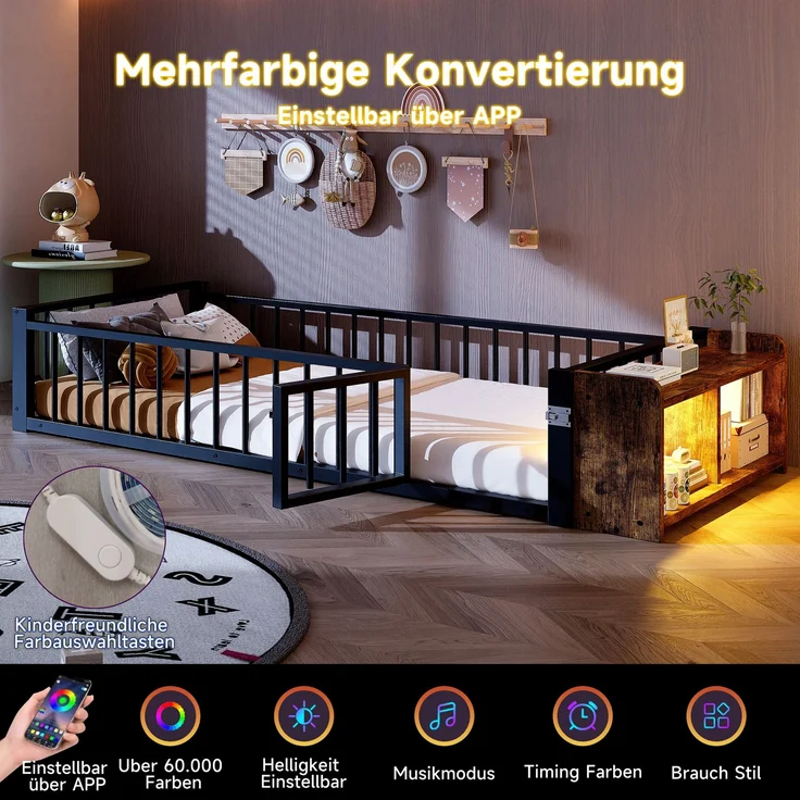 Merax Einzelbett, Kinderbett, Metallbett, 90 x 200 cm, Metallbettgestell, mit Schutzgeländer, ohne Matratze, Schließfächern, LED-Streifenleuchten, Schwarz – Bild 5