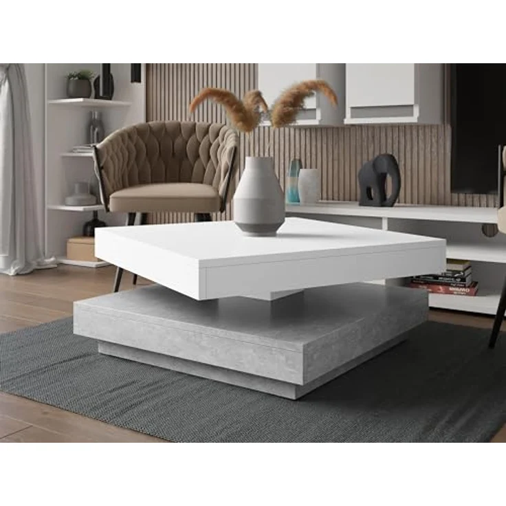 Mirjan24 Couchtisch, Quadratisch, Weiß & Hellgrau, Holzwerkstoff, 70x34x70 cm, drehbare Tischplatte, Wohnzimmertisch – Bild 4