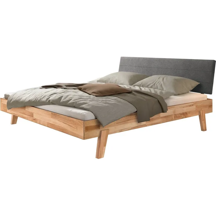 Hasena Massivholzbett Vasto Kernbuche mit Polsterkopfteil, Bezug Pace Grey 180x210 cm, Fußhöhe 20 cm – Trento
