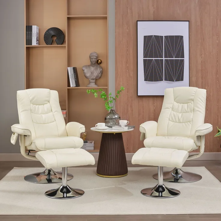 Massagesessel mit Heizfunktion & Fußhocker, verstellbare Rückenlehne bis 135°, Kunstleder Relaxstuhl mit 360° Drehung,Beige