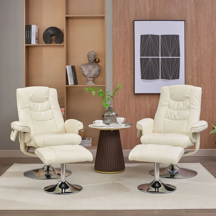 Massagesessel mit Heizfunktion & Fußhocker, verstellbare Rückenlehne bis 135°, Kunstleder Relaxstuhl mit 360° Drehung,Beige – Bild 1
