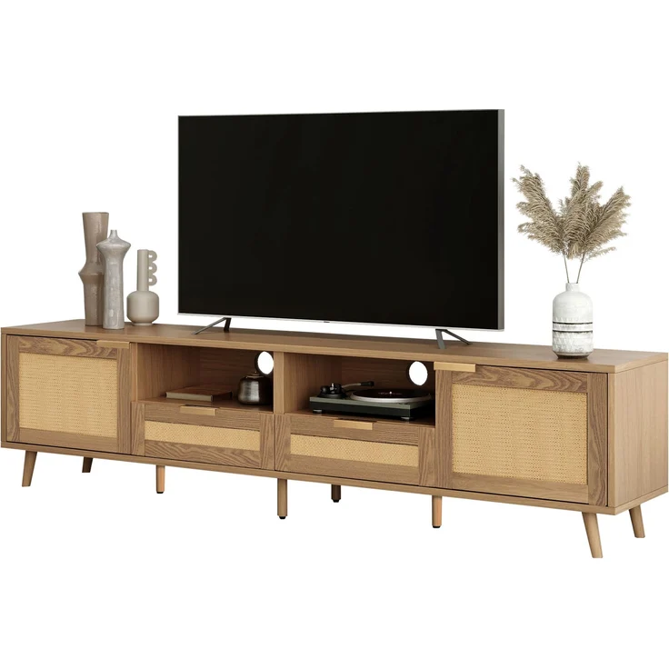 TV-Schrank, Rattan-Design, mit 2 Türen, 2 Schubladen & höhenverstellbaren Füßen, 200x37x49 cm, Eiche – Bild 5