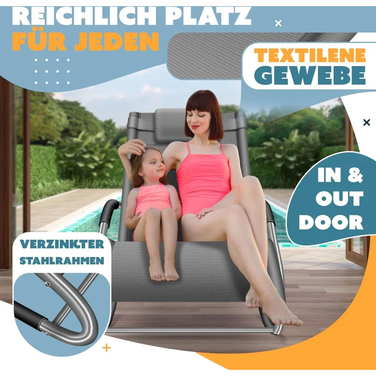 KESSER® Sonnenliege Relaxliege Schwungliege | Gartenliege | Gartenstuhl | Klappstuhl faltbar | Liegestuhl | Schaukelsessel | ergonomische Relaxsessel | wetterfest | 150 kg Belastung | Grau – Bild 5