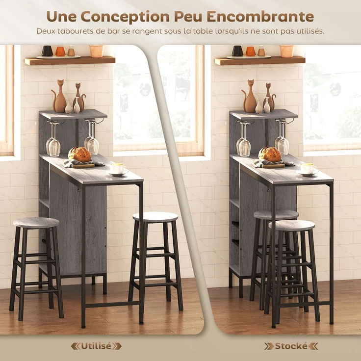 Bar-Tisch-Set mit Hockern, Stehtisch mit 2 Barstühlen, Regale, Weinfächer, Naturholz – Bild 8