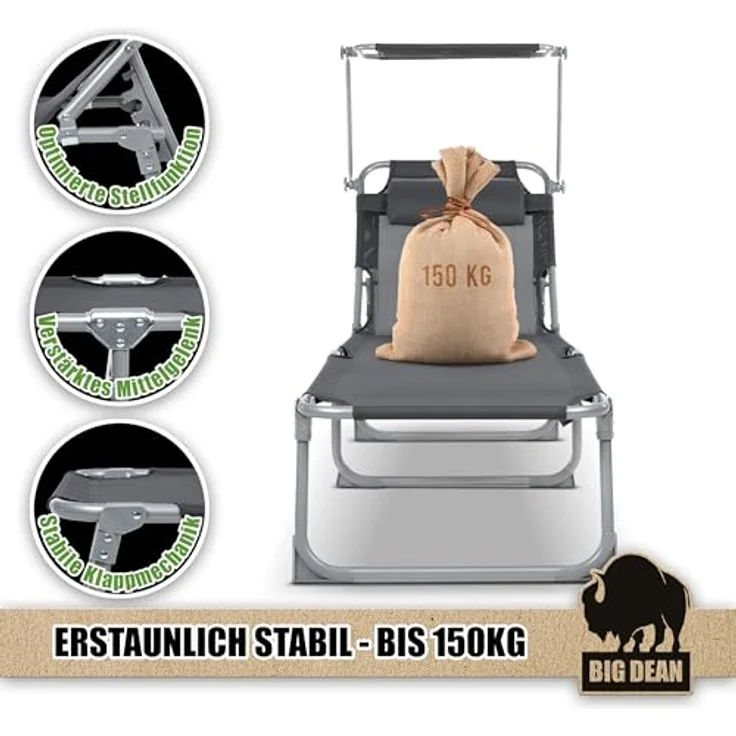 BigDean Sonnenliege klappbar mit Kopfkissen & Dach extra hoch dunkelgrau 150 kg belastbar - hochwertige Gartenliege für Balkon, Garten & Strand – Bild 5