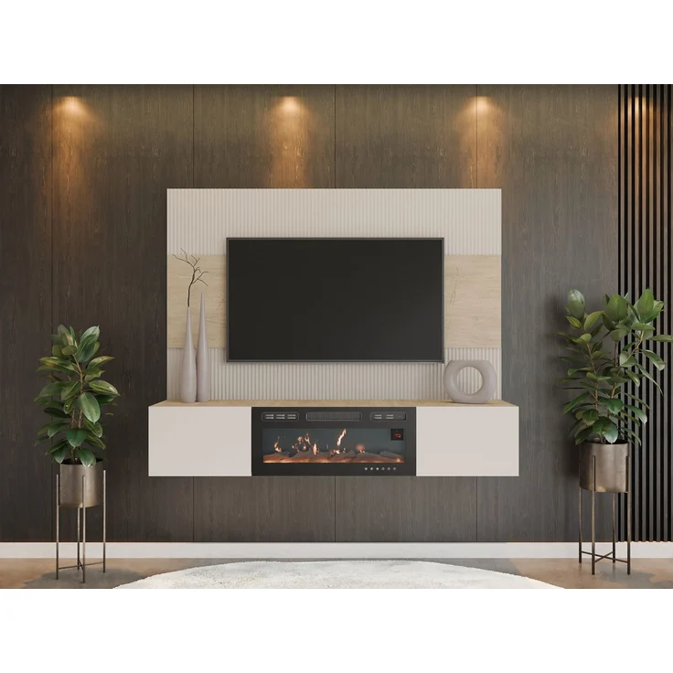 Wohnwand Deromi III mit Kamin (Farbe: Sandbeige + Nuss Cremona) – Bild 3