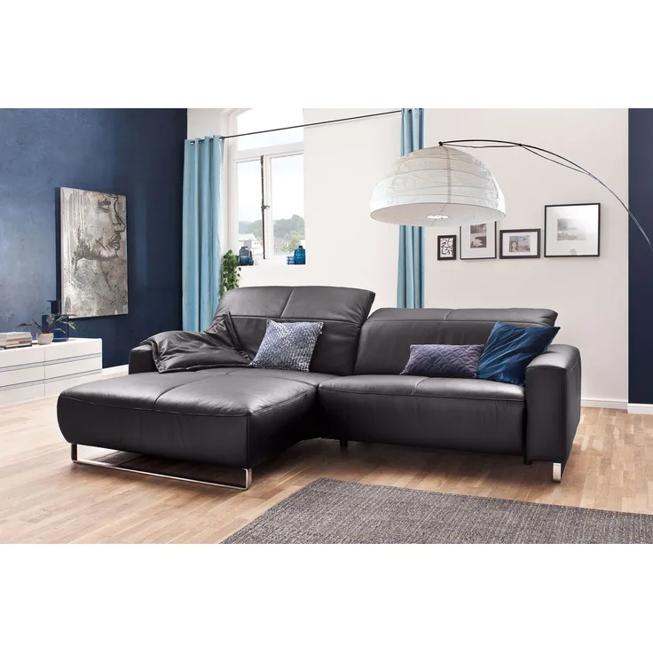 KAWOLA Sofa YORK Leder Life-line mocca Rec links Fuß Metall Chrom matt 85 x 111 x 284 cm