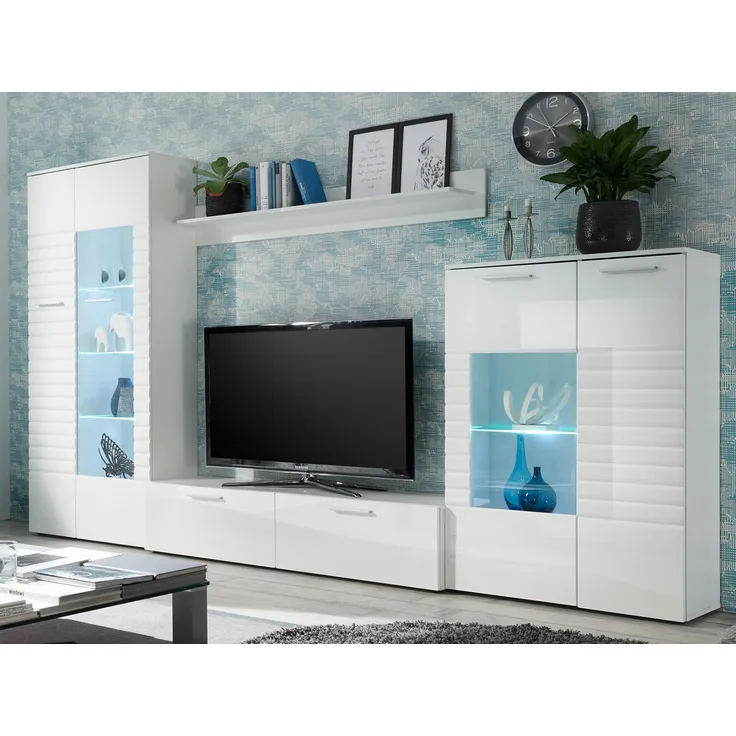 Wohnwand >New Jersey< in Weiß aus Glas - 320x194x39,6cm (BxHxT)