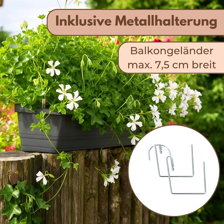 Blumenkasten Balkon 60 cm Balkonkasten mit Halterung Blumenkasten mit Wasserspeicher Fensterbank Außen Balkongeländer Blumenkastenhalterung – Bild 4