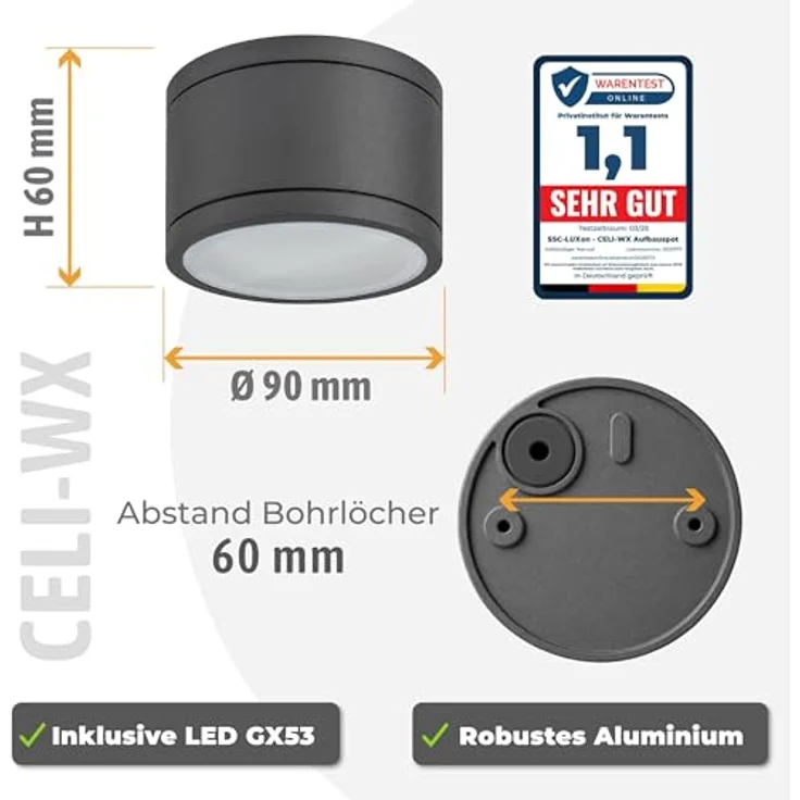 SSC-LUXon LED Außen-Deckenleuchte CELI-WX Aufbauspot flach IP44 Bad & Aussen anthrazit mit LED GX53 5W, Warmweiß bis Tageslicht – Bild 4