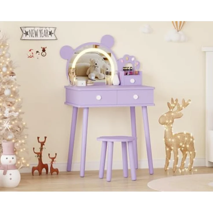 GarveeLife Schminktisch für Kinder, Mädchen, mit Spiegel & LED-Licht in 3 Farben mit 2 Schubladen, für Kinder von 3 – 8 Jahren, 55 x 38 x 101 cm – Bild 6