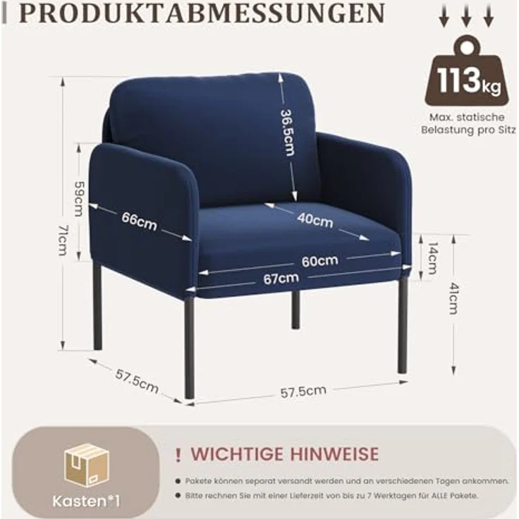 COLAMY Gepolsterter Ohrensessel aus Samt – Moderner Lounge-Sessel mit weicher Rückenlehne, Komfortabler Sessel für Wohnzimmer, Schlafzimmer, Apartment & Leseecke, Blau – Bild 3