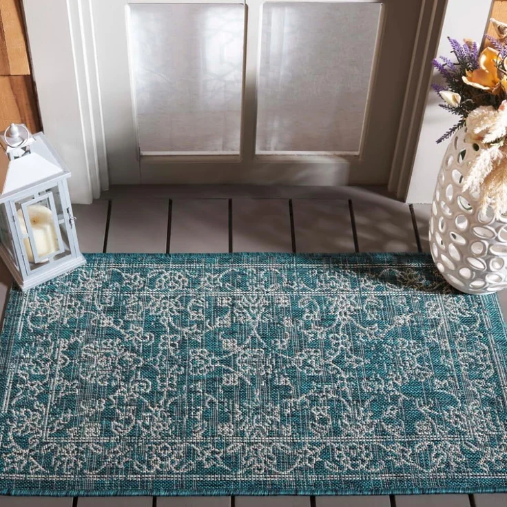 Safavieh Geometrisch Teppich für Drinnen & Draussen - Courtyard Collection, Kurzer Flor, Grau und Marineblau, 61 X 109 cm – Bild 1