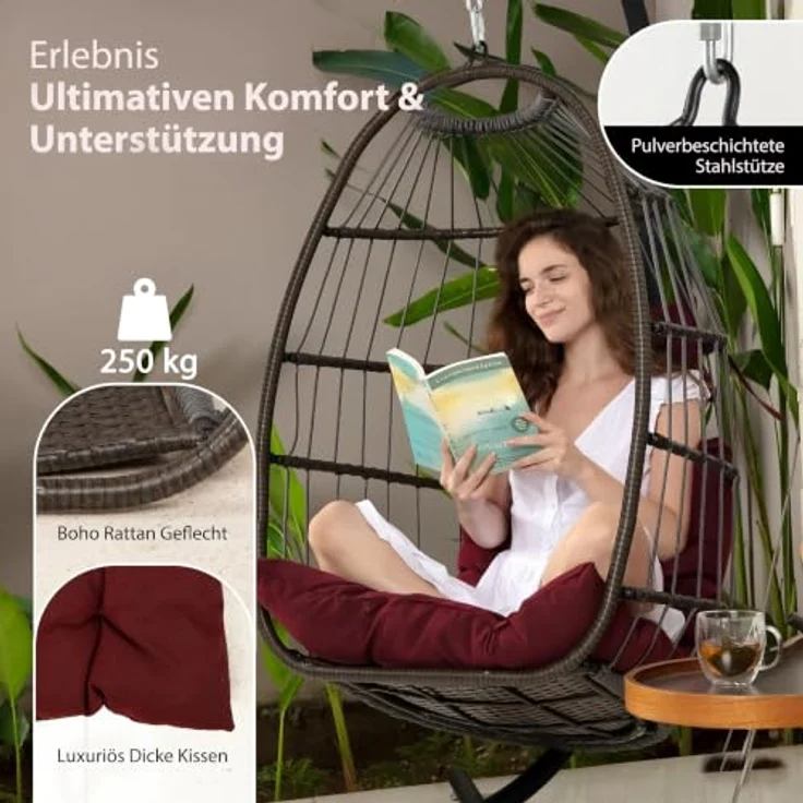 SereneLife Hängesessel mit Gestell Outdoor 250 kg – Wetterfest mit Kissen faltbar für Garten Balkon Indoor Relaxsessel Rot – Bild 4