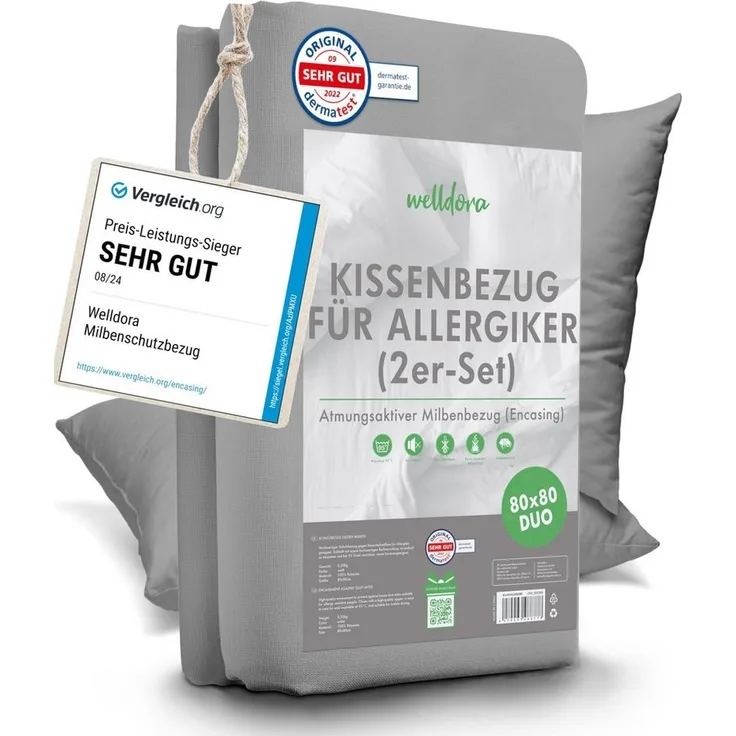 Welldora Kissenbezug für Allergiker, Milbenbezug Kissen, fachärztlich getestet, (1 Stück), Encasing gegen Milben & Bettwanzen ǀ Allergiker Bettwäsche