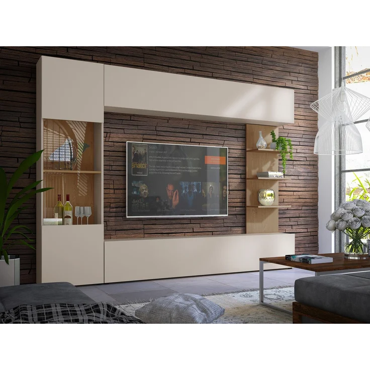 Wohnwand Lazando, Anbauwand, Mediawand, Schrankwand bestehend aus Hängeschrank, Vitrine, TV-Lowboard und Wandregal (Cashmere/Cremona Eiche) – Bild 3