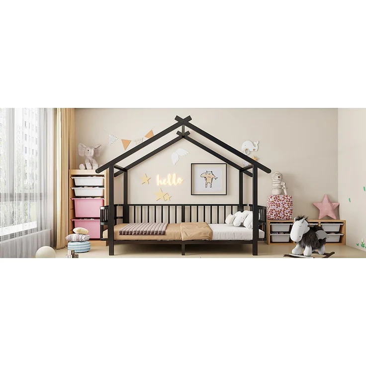 EINHOM Kinderbett aus Metall in Hausform, 90 x 200 cm, mit Sicherheitsgitter, Dachdesign und Dekorativem Rahmen, für Jungen und Mädchen, Metall, Schwarz, (Ohne Matratze) – Bild 7