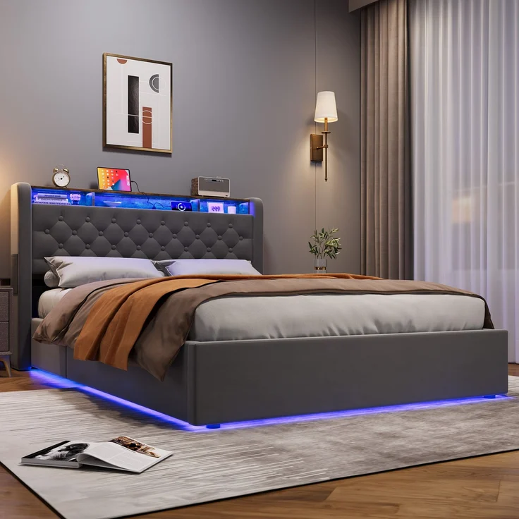 MODFU Polsterbett mit Bettkasten, LED, USB-C und Kopfteilablage, Holland-Velours Grau, 140x190 cm – Bild 2