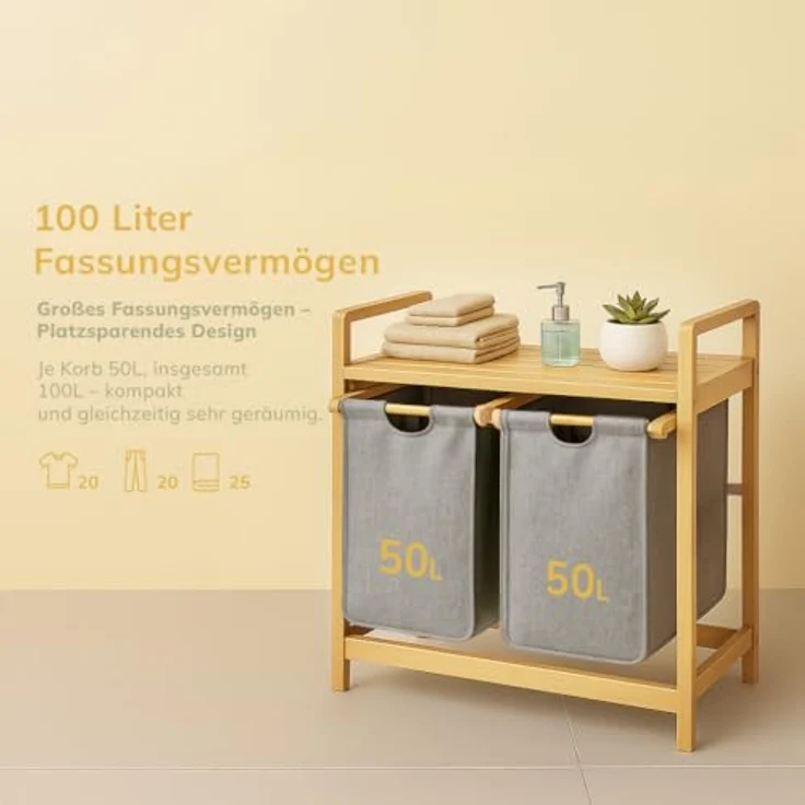 Roxlin Wäschekorb aus Bambus, 100L mit 2 Fächern und herausnehmbarer Ablage, grau – Bild 4