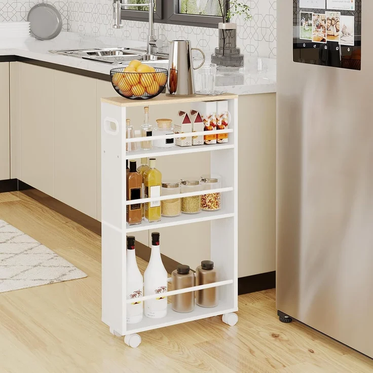 HOOBRO Schmaler Servierwagen 4 Ebenen 360° Räder Weiß/Naturholz 80cm – Bild 2