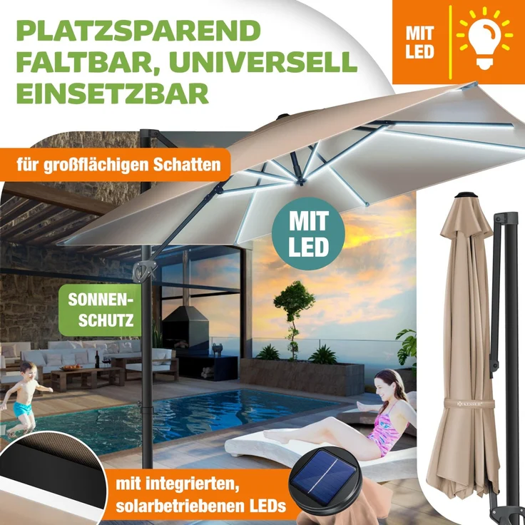 KESSER® Sonnenschirm Ampelschirm SUN XL 300 x 300 cm Inkl. Abdeckung +Windsicherung Drehbar Neigbar Kippbar Marktschirm Groß 360° Rotation, Gartenschirm mit Kurbel Sonnenschutz UV50+ Taupe, Mit LED – Bild 4