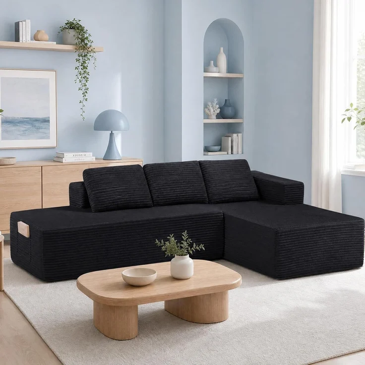 COMHOMA Ecksofa mit Schlaffunktion, 255cm Corduroy Modulares Boneless Couch mit Chaiselongue & Rücken-Metallgestell, L-Form Schlafsofa mit offenem Design, Kissen & Seitentaschen,für Wohnzimmer,Schwarz-L – Bild 7