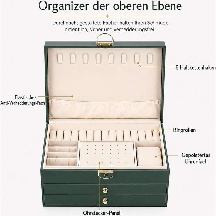 BlingBin Schmuckkasten Schmuckkästchen 3 Ebenen, Schmuckaufbewahrung mit 2 Schubladen (1er Set, 1 St, Schmuckschatulle, abschließbar, Tiefgrün), Schmuck Organizer mit Kettenhaken Ringrollen Ohrringfach Uhrenfach – Bild 4
