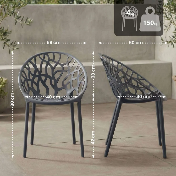 CLP 2er Set Gartenstühle Hope mit Lehne stapelbar wetterfest UV-beständig bis 150 kg - Farbe:anthrazit – Bild 2