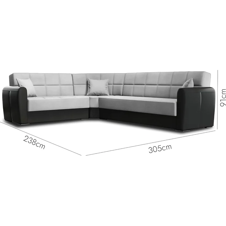 Dmora Matias, Schlafsofa, Ecksofa, aus Kunstleder und Stoff, Wohnzimmer mit Klick-Klack-Öffnung und wendbarer Halbinsel, 305x238 cm, Schwarz und Hellgrau, Leinen – Bild 3
