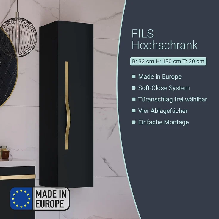 BADEDU FILS Hochschrank 33 cm breit, Schwarz, Griff Gold – Bild 3