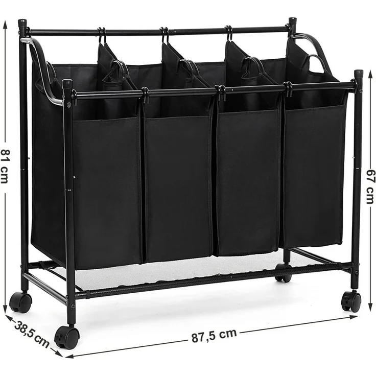 Songmics Wäschesammler auf Rollen mit 4 Fächern, Polyester Grau, 4x35 L / 87,5 x 38,5 x 67/81 cm – Bild 5