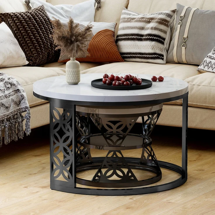 2er-Set Couchtisch nestbar 70x70x45 + 45x45x37 cm, Marmor-Furnier, Metallrahmen, Kontrastdesign – Bild 3