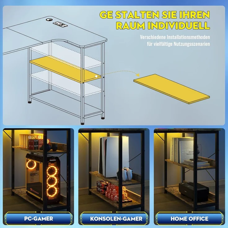 COMHOMA Schreibtisch Gaming Tisch mit Regal, Eckschreibtisch mit USB-Ladeanschluss und Steckdose, 140cm Computertisch L Form, PC Tisch für Büro, Heimbüro (braun-130CM) – Bild 7