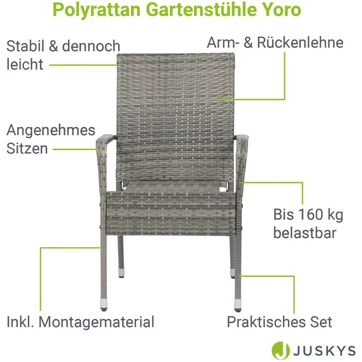 Juskys Polyrattan Gartenstühle Yoro 4er Set - mit Armlehnen & Rückenlehne - 4 Stühle stapelbar - Rattan Stuhl Garten - Stapelstuhl Grau-meliert – Bild 2