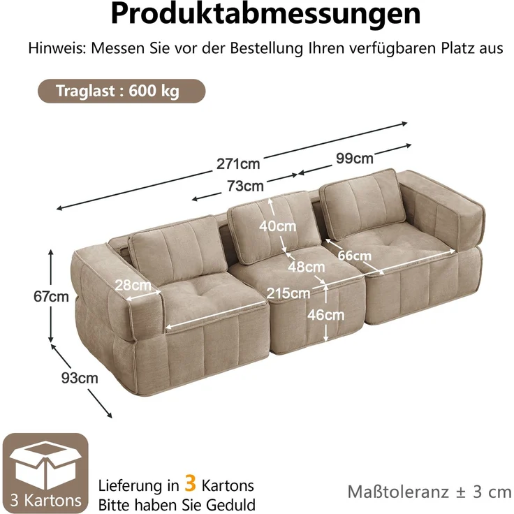 EINHOM Modulares 3-Sitzer-Sofa, stützenloses Design, 32D-Schaumstoff hoher Dichte, bequemer Stoff, geeignet für das Wohnzimmer, rutschfestes Design, keine Montage erforderlich, Sand – Bild 2