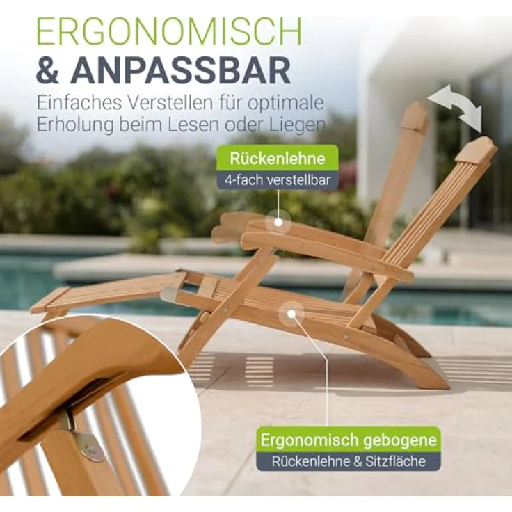 Juskys Gartenliege Evia, klappbar aus geöltem Akazienholz, 4-fach verstellbare Rückenlehne, Natur – Bild 4