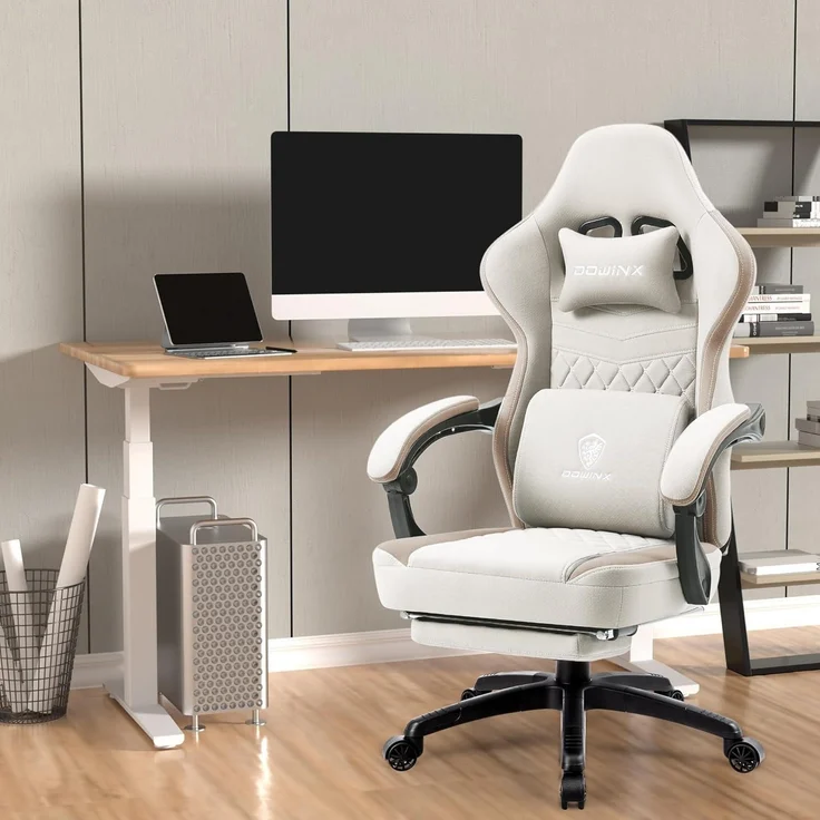 Dowinx Gaming Stuhl Stoff Massage Sessel Fußstütze Beige 150 kg ergonomisch – Bild 2