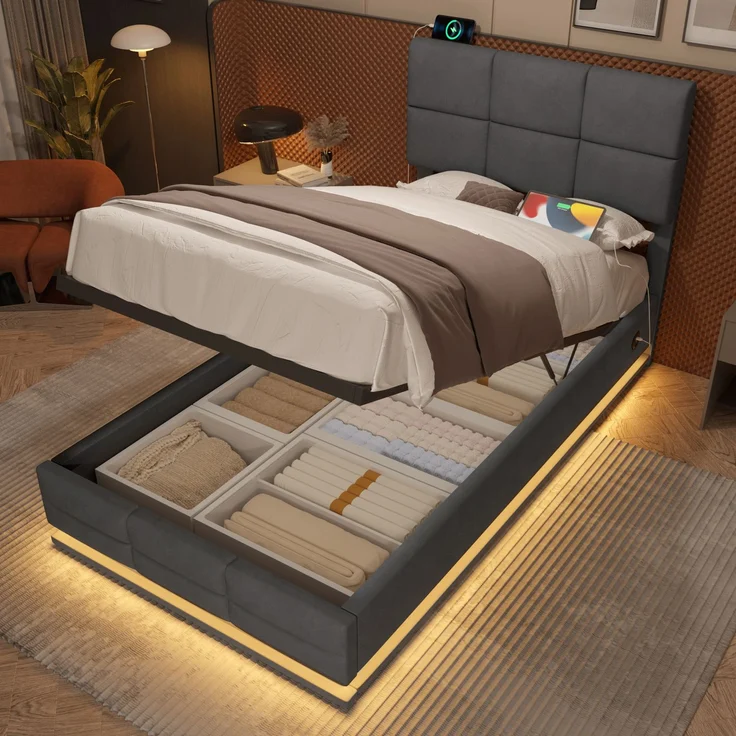 TavilaEcon Boxspringbett Modernes Polsterbett mit höhenverstellbarem Kopfteil & LED-Beleuchtung grau Liegefläche 90 × 200 cm – Bild 3