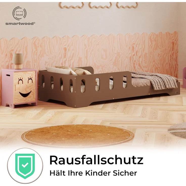 smartwood Kinderbett 120x200 cm in Braun - Montessori Bodenbett mit Rausfallschutz & Lattenrost - Aus handbemaltem Sperrholz - Sicher für Jungen und Mädchen - Einfache Montage - TILA 6 – Bild 6