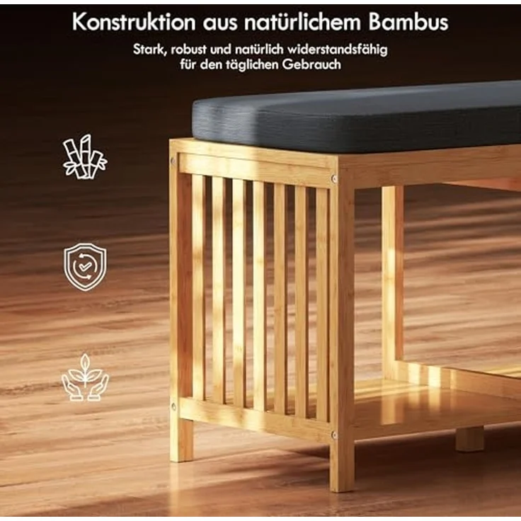 HOMCOM Schuhbank mit Sitzfläche, Schuhregal mit Stauraum, Sitzbank aus Bambus mit offener Ablage, Leinenoptik für Flur und Eingangsbereich, 102 x 33 x 45 cm, Naturholz – Bild 6