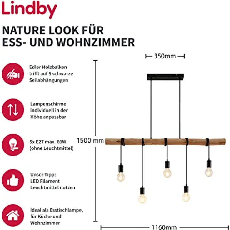 Lindby Hängeleuchte Rom, 5-flg. Pendelleuchte aus Holz und Seil, Schwarz, 116 cm, Vintage-Optik – Bild 2