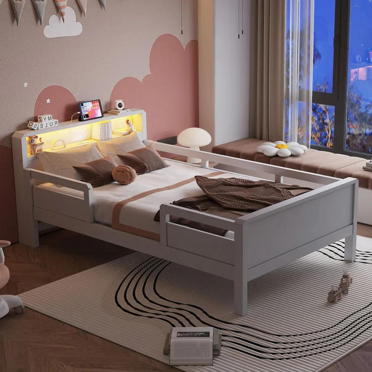 EINHOM Holzbett 90 x 200 cm, Holz, USB- und Tape-C-Kombi-Steckdose, Kleine LED-Leuchte, Kopfteil mit Ablagefunktion, Kinderbett, Einzelbett, Multifunktionsbett, Kiefernholz, Weiß, (Ohne Matratze)