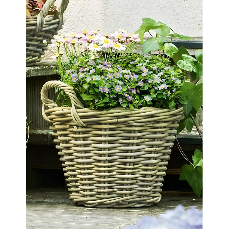 Dekoleidenschaft Pflanzkübel Pflanzkorb "Rustikal" aus Rattan, rund, grau, Blumentopf, Pflanztopf, Blumenkübel, Flechtkorb, Pflanzentopf, Gartendeko für Draußen – Bild 2